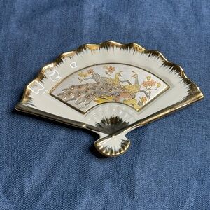 Vintage Chokin Art Fan Gold & Silver Etched Porcelain Peacock Decor Wall Decor